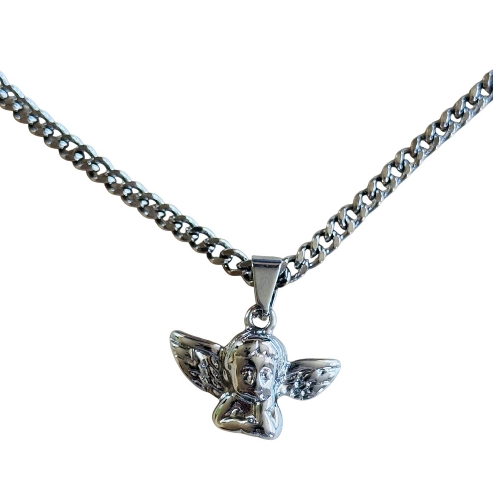 Dalmata D Cherub Angel Cupid Necklace Whimsical Cuban Chain Stainless Steel 22"